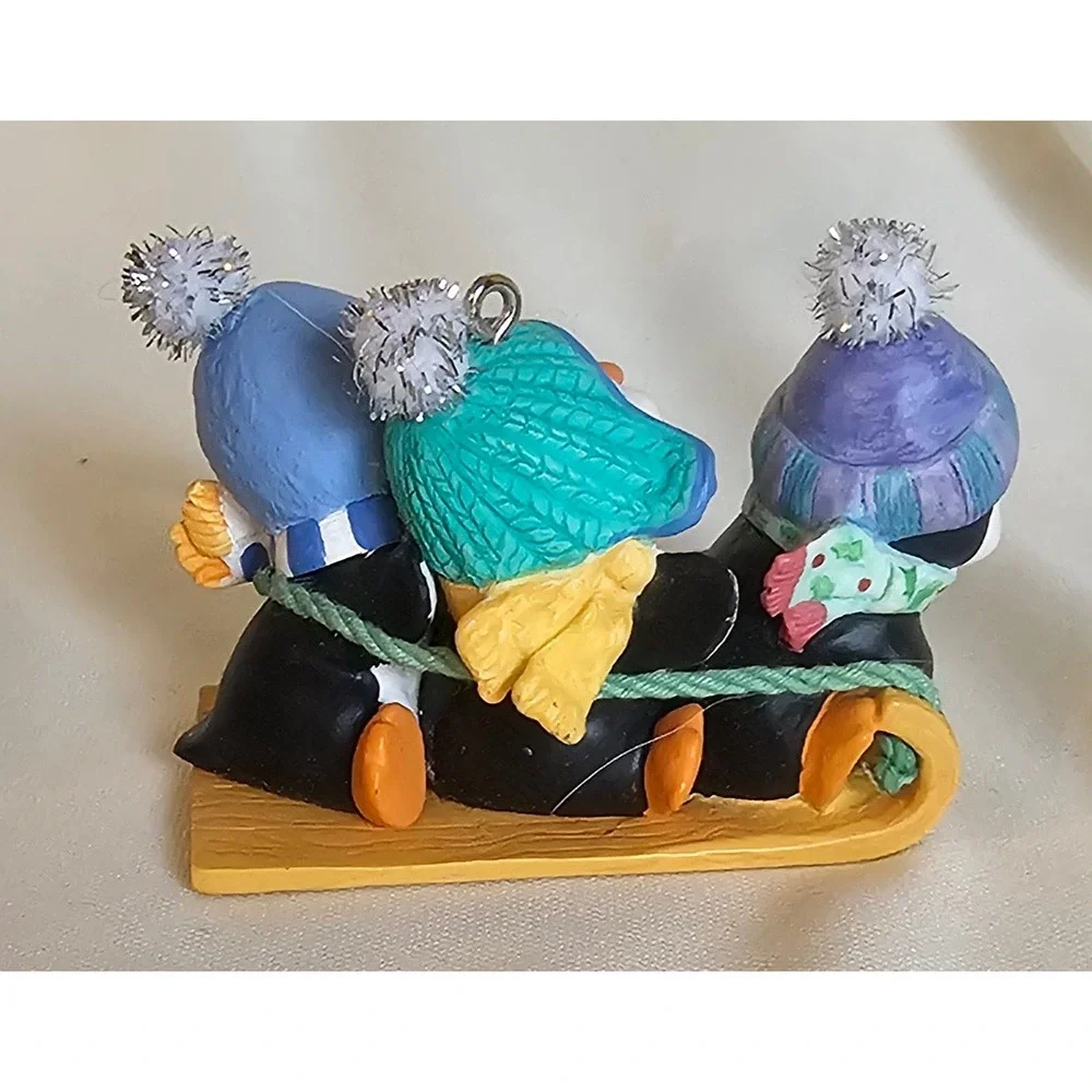 VTG Hallmark Penguin Sled Ornament OS Multi 2001 Winter Holiday Sledding Trio